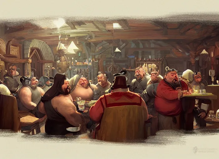 Image similar to medieval obese kingpin sitting in a tavern with his thugs, drinking and cheering, elegant, digital painting, concept art, smooth, sharp focus, illustration, from starcraft by ruan jia and mandy jurgens and artgerm and william - adolphe bouguerea