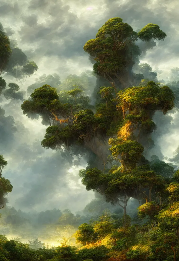 Image similar to a beautiful digital illustration landscape painting of a magical island where you live forever, a secret hatch visible on the ground, whisps of black smoke streaking through the jungle by benoit b. mandelbrot, steven belledin, martin johnson heade, lee madgwick, caspar david friedrich, and david rios ferreira. 8 k resolution trending on artstation concept art digital illustration