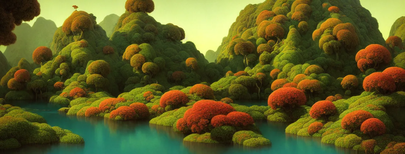 Image similar to a gorgeous very early spring series of lush islands separated by flower - lined streams, twisted gardens, painting by barlowe wayne maxfield parrish and marco mazzoni. tree no leaf!!!! china mountain village!! very little light verdancy. ultra clear detailed. 3 d, octane render. turbulent blood lake.