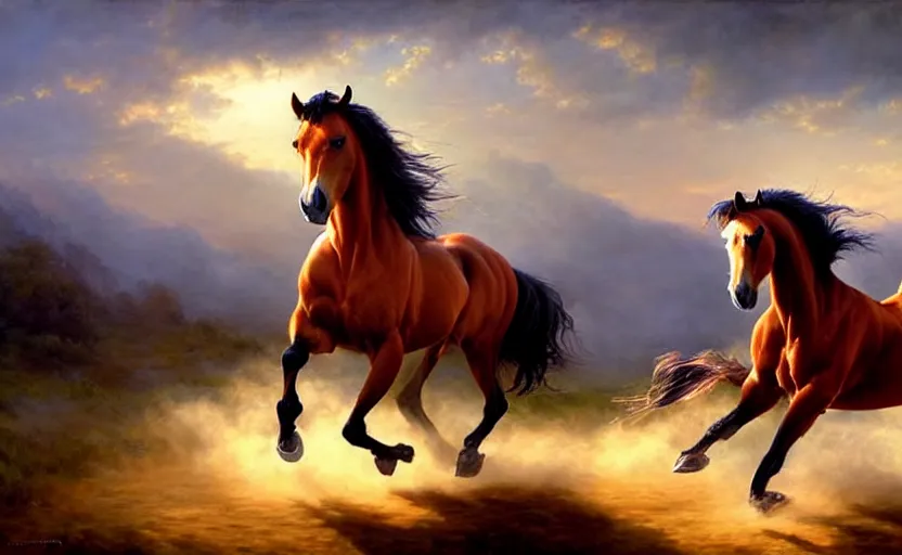 Image similar to a masterpiece oil painting of a proud horse galloping. wide angle, fantasy art, alex ross, heroic lighting, very very very beautiful raytraced rendering, volumetric fog