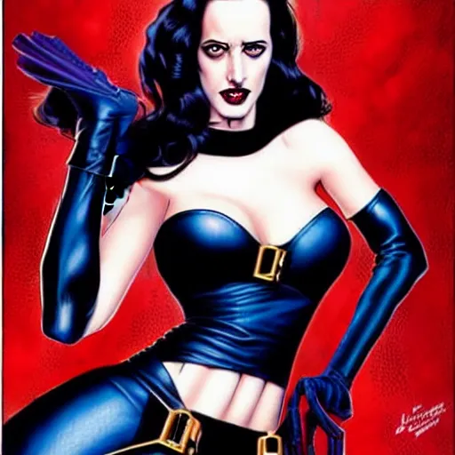 Image similar to Joe Jusko comic art, wide shot, stunning elegant female Eva Green, Indigo Magician, beautiful evil sneer, symmetrical face, symmetrical eyes, leather clothing and boots, long straight red hair, full body, Indigo occult pattern