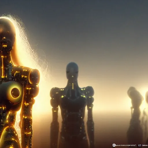 Image similar to a cybernetic symbiosis, cybernetic mech cyberpunk woman, organic ceramic fractal forms, golden hour lighting, film still from the movie directed by denis villeneuve with art direction by wayne barlowe and salvador dali, wide lens