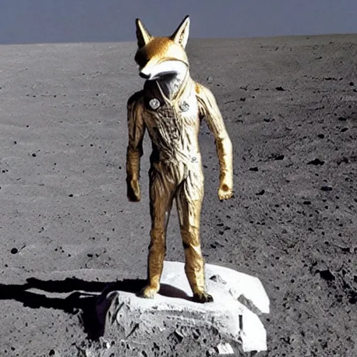 Prompt: male anthro anthropomorphic human like fox demon monument stands on the moon,