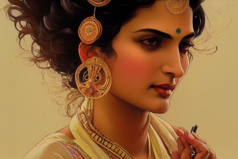 Image similar to sensual pale beautiful indian doctor in jeans, art deco portrait, elegant, intricate, digital painting, artstation, concept art, smooth, sharp focus, illustration, art by artgerm and greg rutkowski and alphonse mucha