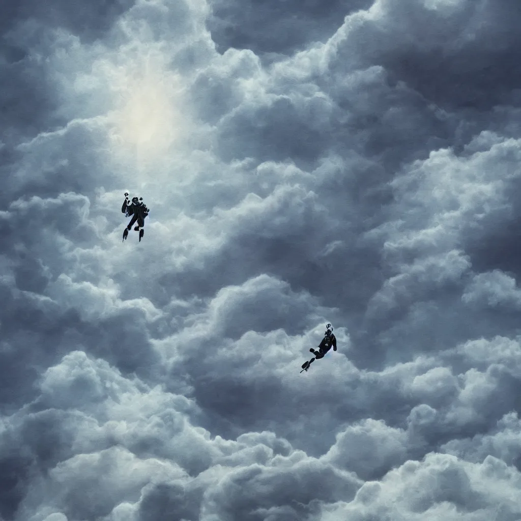 Image similar to a single scubadiver floating above the clouds, closeup, digital drawing