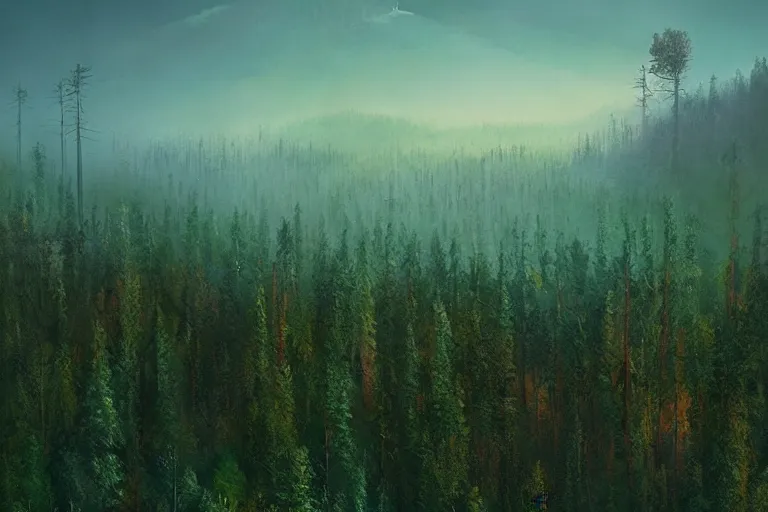 Prompt: beautiful swedish forest from the view of a mountain, breathtaking, cinematic, soft colors, very wide shot, by Simon Stålenhag