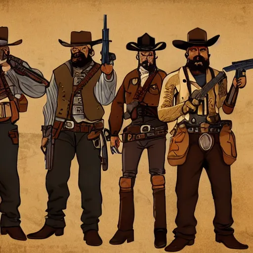 Image similar to a gang of mercenaries in the wild west, posing for a group photo, cool, stylized, colorized, concept art, key visual