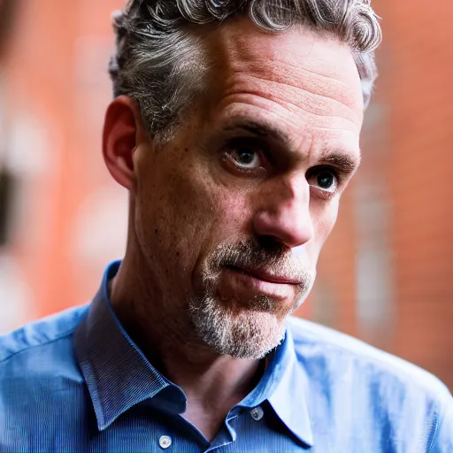 Image similar to closeup portrait of a Jordan Peterson , new york back street , by Steve McCurry and David Lazar, natural light, detailed face, CANON Eos C300, ƒ1.8, 35mm, 8K, medium-format print