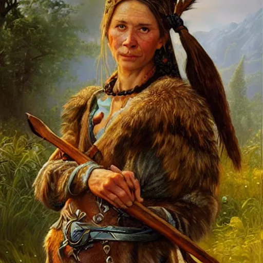 Image similar to portrait of a germanic hunter - gatherer tribe woman ( 3 5 ) from the the netherlands, an oil painting by ross tran and thomas kincade