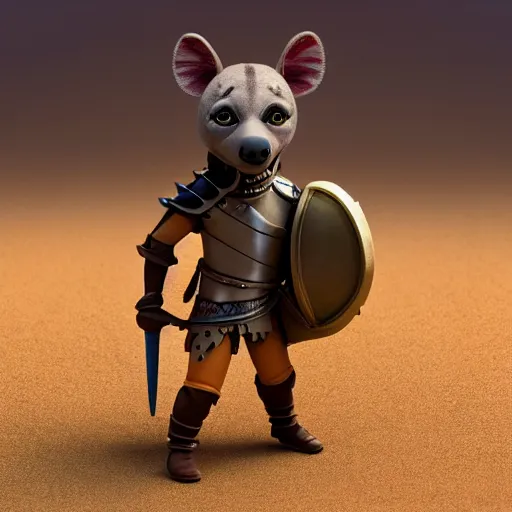 Image similar to antropomorphic medieval knight hyena warrior as nendoroid walking in a desert in the croods movie style, anime, disney, pixar, 8 k, hd, dof, kodak film, volumetric lighting, subsurface scattering, photorealistic, octane render, details