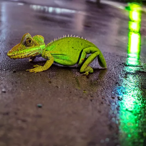 Image similar to a high quality low wide angle photo of a chameleon on the streets of a cyberpunk city, rainy, reflective ground, neon lights, realism, 8k