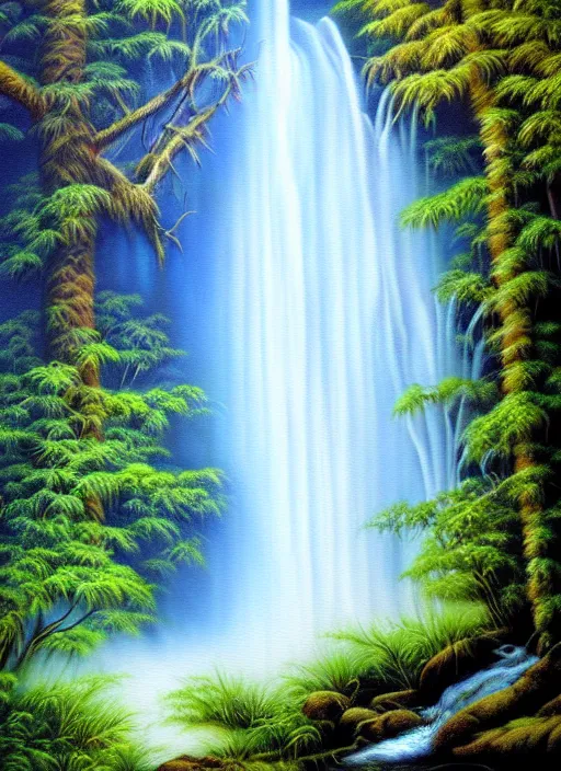 Prompt: waterfall in a forest, an airbrush painting by terry redlin, deviantart, metaphysical painting, airbrush art, detailed painting, oil on canvas