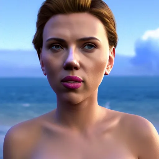 Prompt: 3d Render of a scarlett johansson full round face, short smile, cute sundress, golden hour, serene beach setting, medium shot, mid-shot, highly detailed, trending on Artstation, Unreal Engine 4k