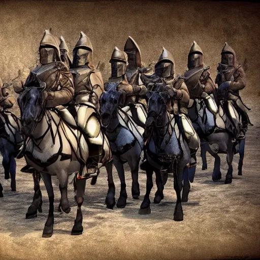Prompt: Soldiers on horseback, The Order of Inquisitors, fantasy, cinematic, photo-realistic