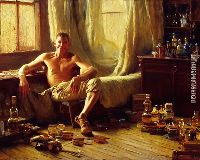 Image similar to an exhausted painter in his studio with a bottle of whisky. highly detailed painting by gaston bussiere, craig mullins, j. c. leyendecker 8 k