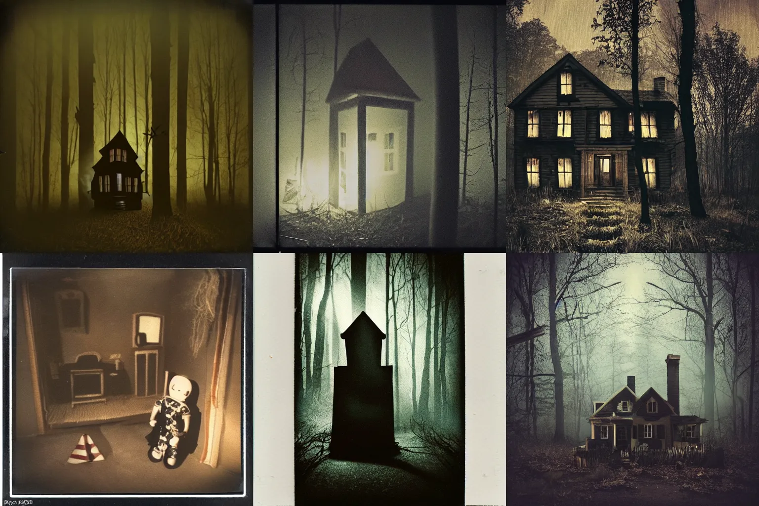 Image similar to an eerie polaroid photograph of a scary evil horrifying doll house in the woods, nighttime, dimly lit, creepy hd 4k