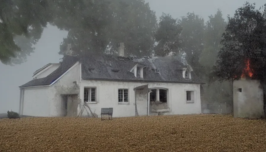 Image similar to mini dv camera found footage of a heavy burning french style little house, heavy rain, foggy, in a small northern french village, heavy grain, very low quality, high detail, dramatic light