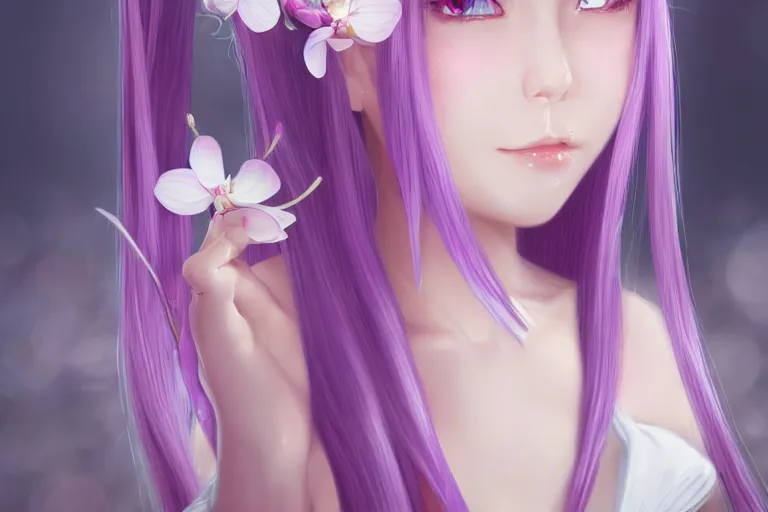 Prompt: A girl who's hair is light-silvery pink with orchid purple eyes, waist-length. Elf ears, Wearing a cherry blossom chopstick in the bun of her hair. Her skin is Ivory White pixiv artist WLOP real photo very detailed