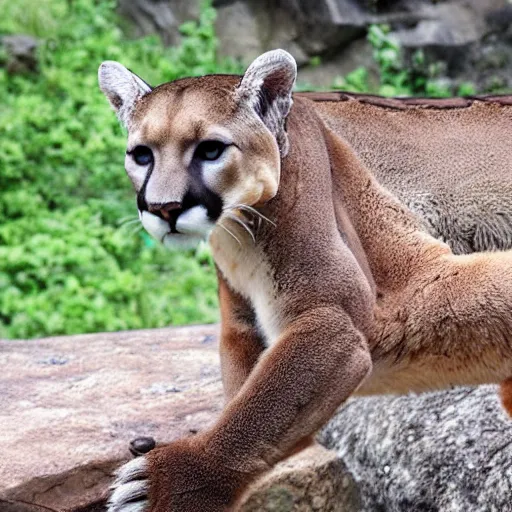 Image similar to mountain lion and crocodile hybrid animal, half crocodile half mountain lion, realistic picture taken in zoo