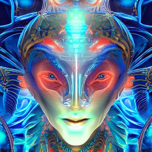 Image similar to Face of a Alien Deity, centered, corals, plume made of geometry, extremly detailed digital painting, sharp focus in the style of android jones, artwork of a futuristic artificial intelligence superstar with frames made of detailed circuits, mystical colors, rim light, beautiful lighting, 8k, stunning scene, raytracing, octane, under water visual distortion, dark tones colors, trending on artstation