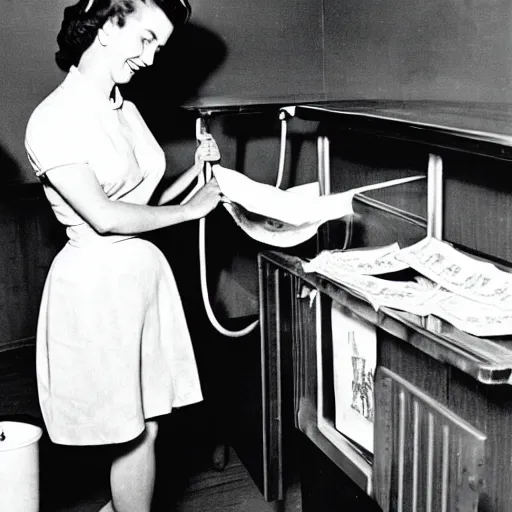 Prompt: a vintage photograph of a 1 9 5 0 s house wife washing dollar bills with detergent