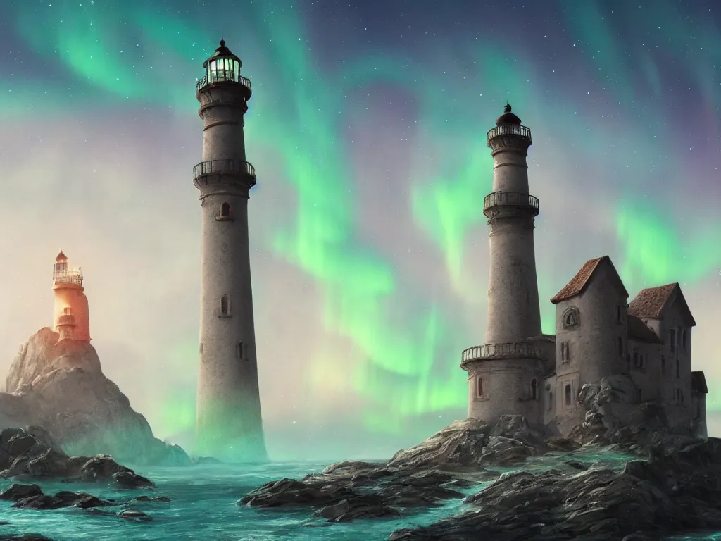 Prompt: a detailed illustration of an ethereal fantasy landscape featuring an ornate lighthouse tower in the middle of a castle by the ocean, a monk looking up at the towering structure from a distant rock, aurora borealis, by alyn spiller, 4K, trending in artstation, wide angle