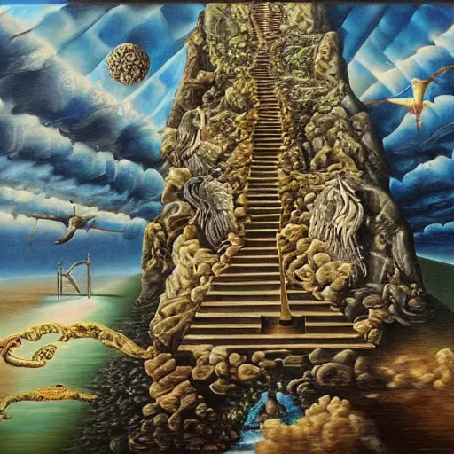 Image similar to stairway to heaven, surrealism, oil on canvas, high detail, masterpiece