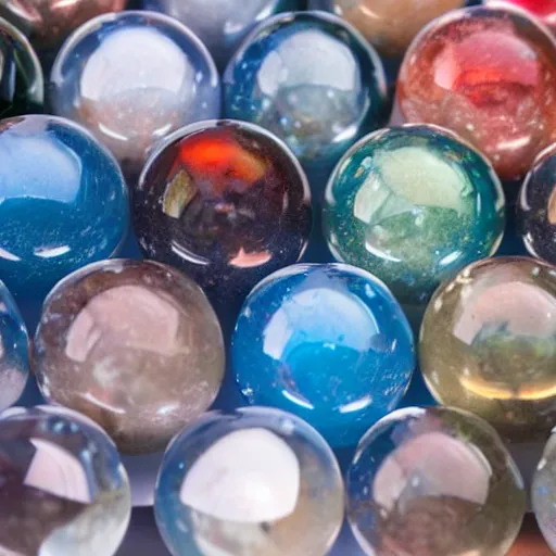 Prompt: Closeup photo of Mercury, Venus, Earth, Mars, Jupiter, Saturn, Neptune, Uranus as glass marbles