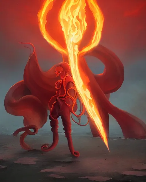 Prompt: tentacled [ squidward ] wearing fire nation clothing and practicing firebending outside at susnset, [ greg rutkowski ]