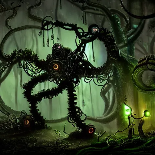 Prompt: Highly sophisticated mechanical steampunk character with robotic arms and (((glowing))) head in mythical forest with glowing algae in the tree trunks and vines hanging from the branches, creepy ambiance, desaturated, fog, sharp focus, magical, refined, beautiful, eerie