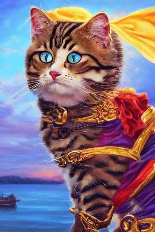 Prompt: A beautiful oil painting of a Cat dressed as a pirate, intricate, elegant, golden hour, volumetric lighting, summer, hyperrealistic, colorful, hyperdetailed.