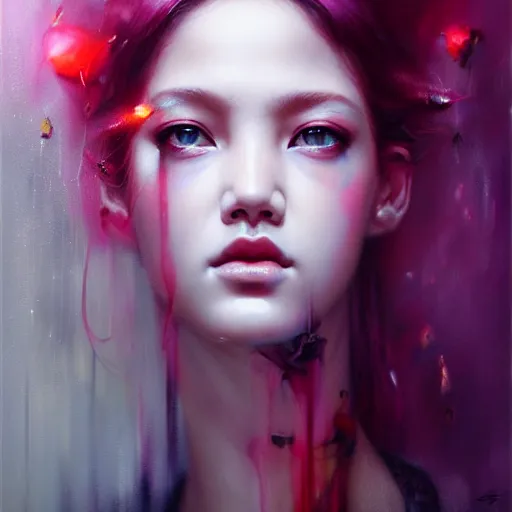 Prompt: rose of blackpink, hyperrealistic portrait, bladerunner street, by karol bak and agnes cecile, fantasy art, photo realistic, dynamic lighting, artstation, poster, volumetric lighting, very detailed face, intricate complexity, 8 k, award winning