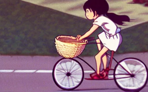 Image similar to a young girl riding a bike with a basket in a small town, 1970s philippines, art by hayao miyazaki, studio ghibli film, hi res, 4k, detailed face