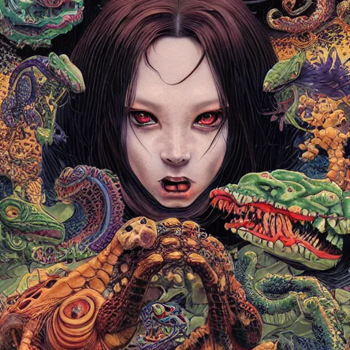 Image similar to portrait of crazy dark girl with reptiles, symmetrical, by yoichi hatakenaka, masamune shirow, josan gonzales and dan mumford, ayami kojima, takato yamamoto, barclay shaw, karol bak, yukito kishiro