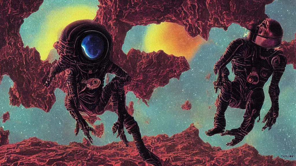 Prompt: a dark space alien is encountered during a space walk on planet Enduria b, Technicolor, complementary colors, in the style of Wayne Barlowe