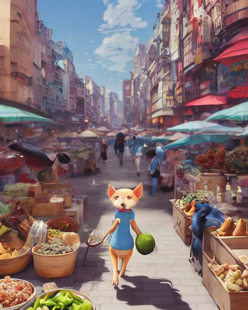 Image similar to a tiny dog walking through a crowded street filled with bodegas and food vendors, blue fur, a man is juggling avocados, Anime. Soft lighting, 8K, octane render. By Makoto Shinkai, Stanley Artgerm Lau, WLOP, Rossdraws, James Jean, Andrei Riabovitchev, Marc Simonetti, krenz cushart, Sakimichan, D&D trending on ArtStation, digital art.