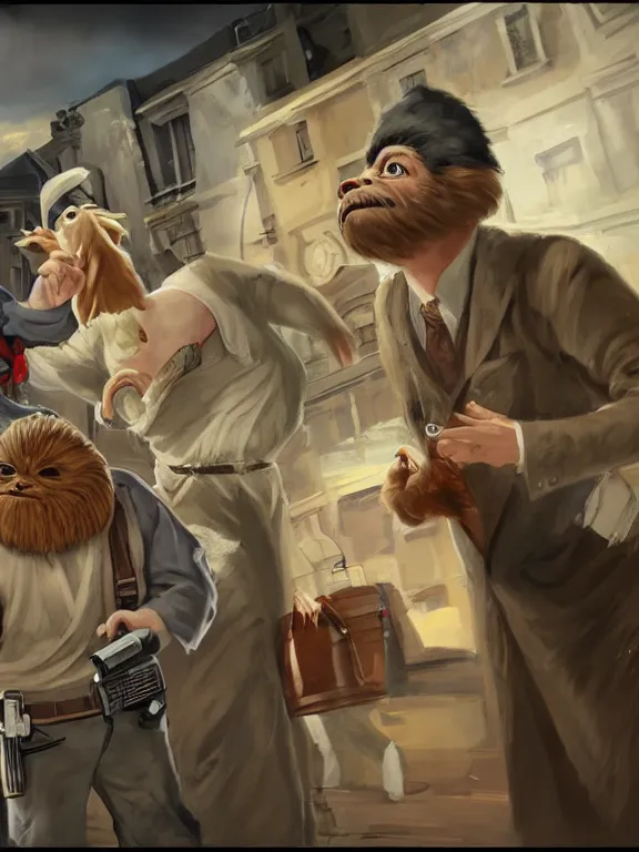 Prompt: rich evans and mike stoklasa save george lucas from a crackhead wookie in 1 9 3 0 s paris, hyperrealistic, 4 k, ultra detailed, intricate detail, octane render, photorealistic.