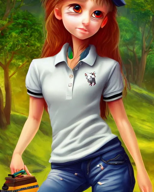 Image similar to award - winning extremely detailed fantasy art of a cute female innocent eyes anthropomorphic vulpes vulpes fulva wearing polo shirt and cargo shorts, 4 k