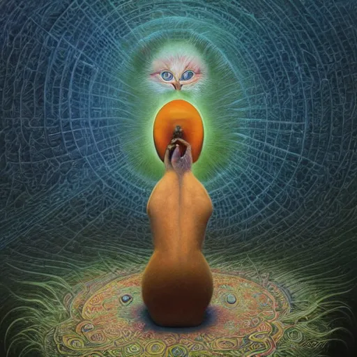 Image similar to a cat having an ego trip, by alex grey, by Esao Andrews and Karol Bak and Zdzislaw Beksinski and Zdzisław Beksiński, trending on ArtStation