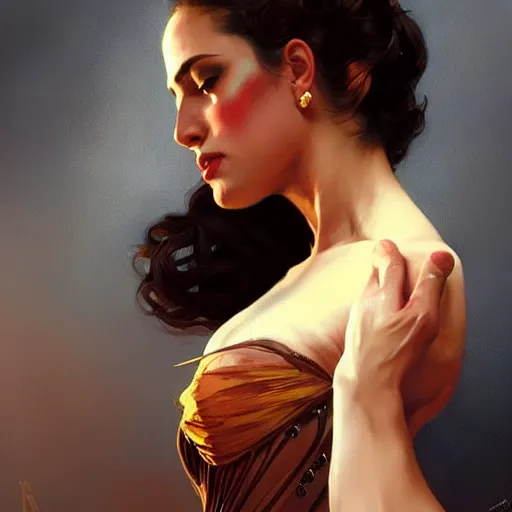 Prompt: fierce spanish female flamenco dancer, spotlight, highly detailed, digital painting, artstation, portrait, concept art, smooth, sharp focus, illustration, cinematic lighting, art by artgerm and greg rutkowski and alphonse mucha