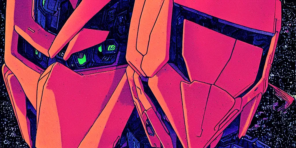 Prompt: risograph grainy painting of gigantic huge evangelion - like gundam mech face with a lot of details and lasers covered ooze, by moebius and dirk dzimirsky and satisho kon, close - up wide portrait