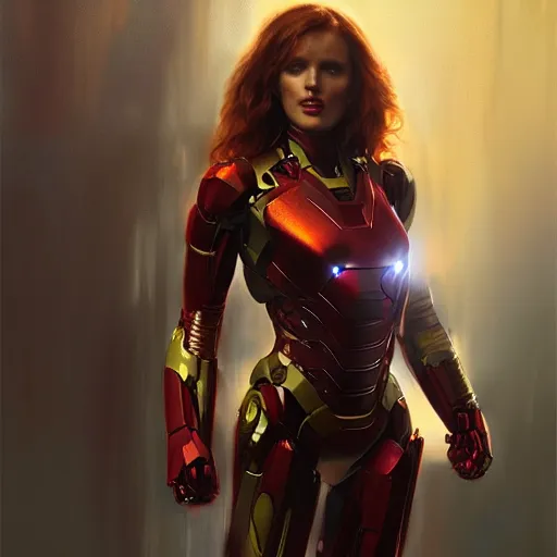 Image similar to full figure bella thorne as ironman, hyperrealistic portrait, bladerunner street, art of elysium by frank frazetta and jeremy mann and alphonse mucha, fantasy art, photo realistic, dynamic lighting, artstation, poster, volumetric lighting, very detailed face, 4 k, award winning