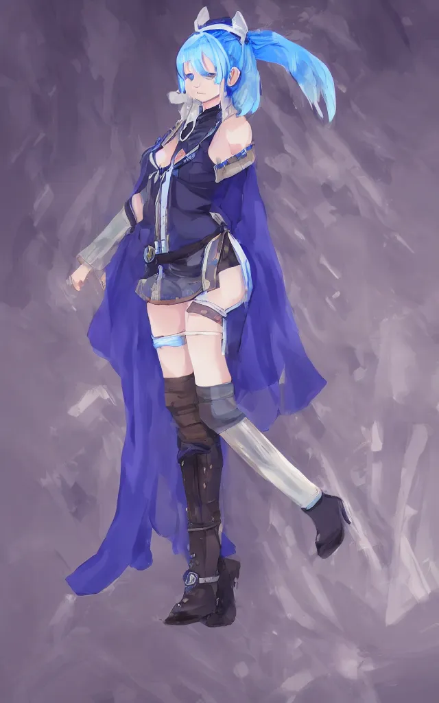 Prompt: a blue-haired traveller, alchemist girl, short hair, wearing a headband, short pale tunic and white stockings, high boots, azure cape, anime character; in the Japanese fantasy videogame; character concept art; trending on artstation, highly detailed, clean lineart