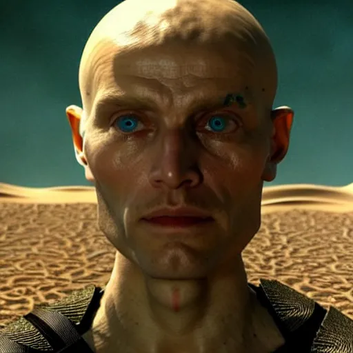 Image similar to colour aesthetic highly detailed photography scene from dune ( 2 0 2 1 ) by alejandro hodorovski and denis villeneuve and gregory crewdson style with ultra hyperrealistic very highly detailed faces. with many details by andrei tarkovsky and caravaggio in sci - fi style. volumetric natural light hyperrealism