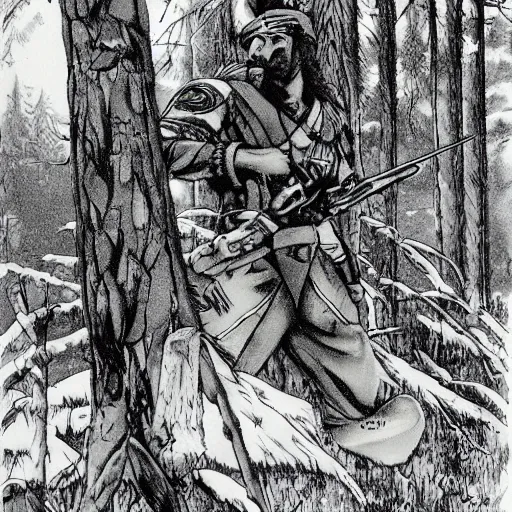 Prompt: eagle commander leading bird soldier in forest clearing, detailed, white, by don bluth