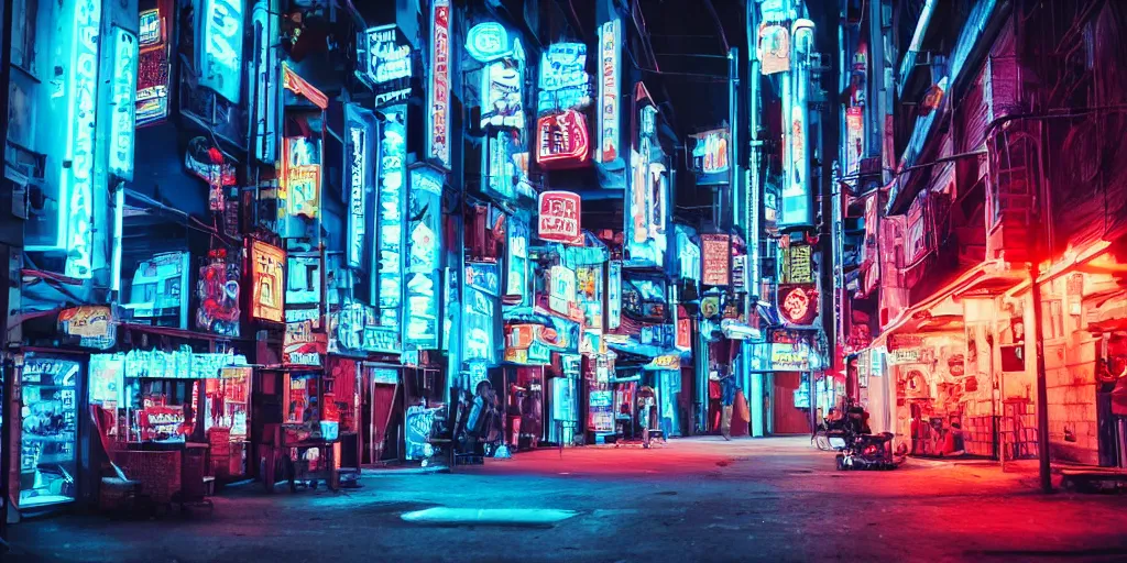 Prompt: outside black blue neon cyberpunk city on north atlantic island, soft lights