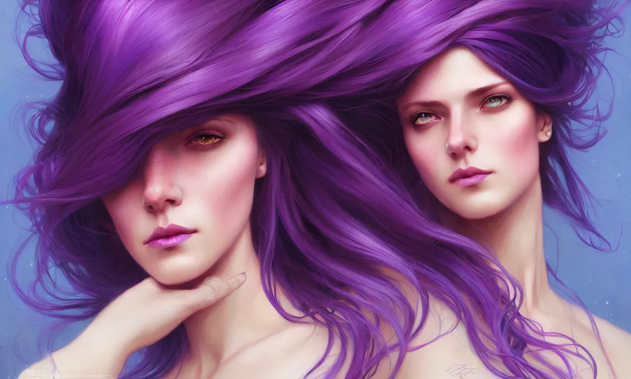 Image similar to Portrait of a woman with bright colored flying hair, all shades of purple. Hair coloring, amber eyes, face, long hair, fantasy, intricate, elegant, highly detailed, digital painting, artstation, concept art, smooth, sharp focus, illustration, art by artgerm and greg rutkowski and alphonse mucha