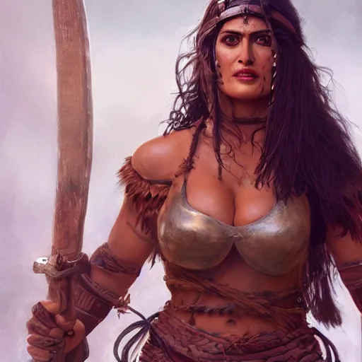 Image similar to portrait of salma hayek as barbarian warrior in a jungle, au naturel, hyper detailed, digital art, trending in artstation, cinematic lighting, studio quality, smooth render, unreal engine 5 rendered, octane rendered, art style by klimt and nixeu and ian sprigger and wlop and krenz cushart.