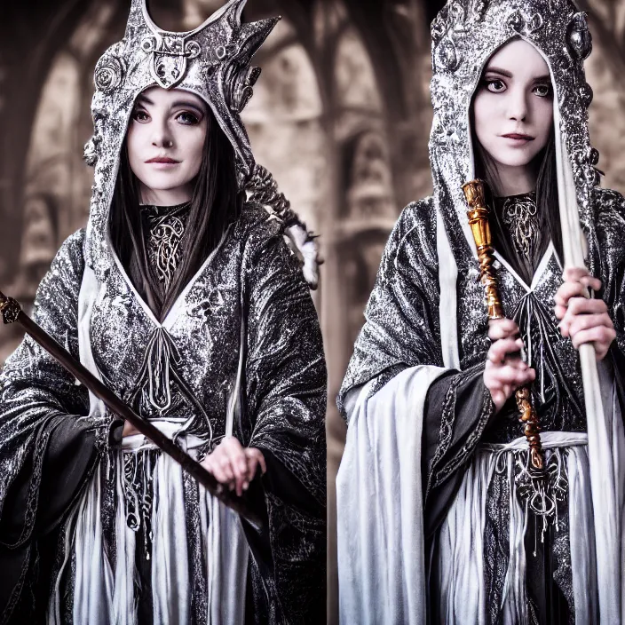 Prompt: photograph of a real-life beautiful lunar witch with ornate silver robes and staff. Extremely detailed. 8k