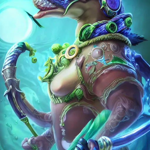 Prompt: highly detailed photograph of fizz the tidal trickster from league of legends, with his staff, realistic, male, extremely detailed, aesthetic, masterpiece, high quality